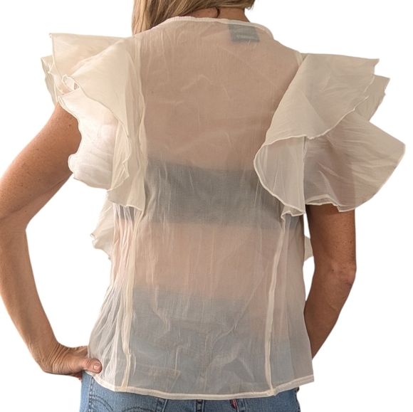 RDY by Rafi Pina Sheer Ruffle Sleeve Blouse Ivory Button Front Feminine Top S - Picture 3 of 12
